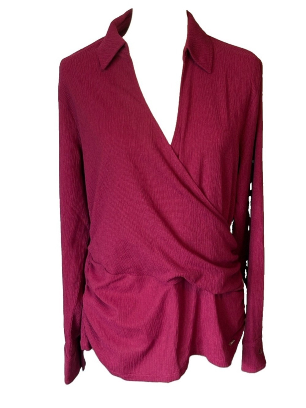 Calvin Klein Blouse L Large Berry Burgundy Faux Wrap Ruched Draped Collared Top